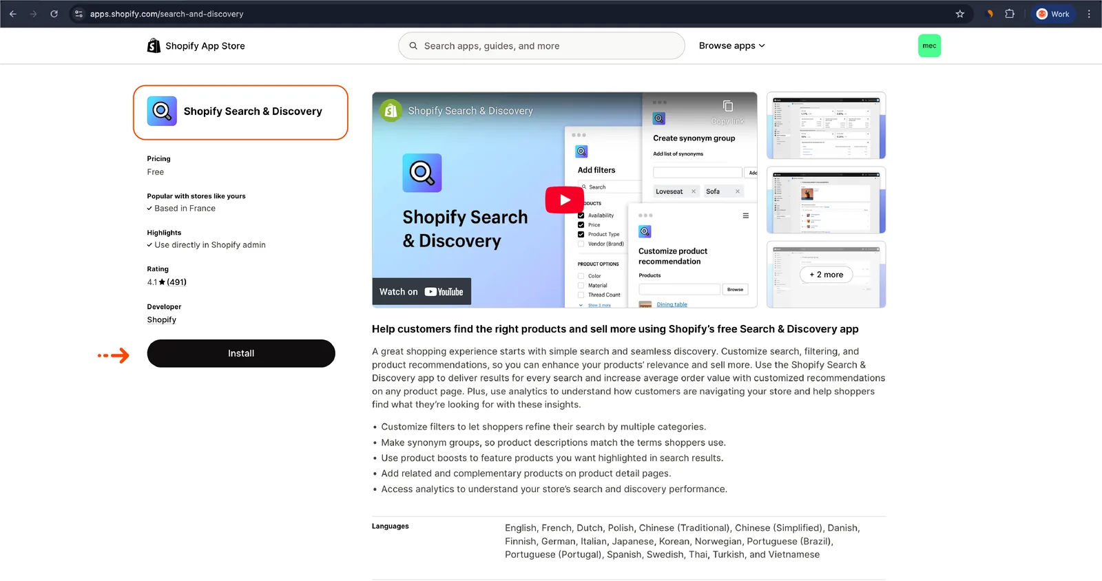 Installation der App Search & Discovery